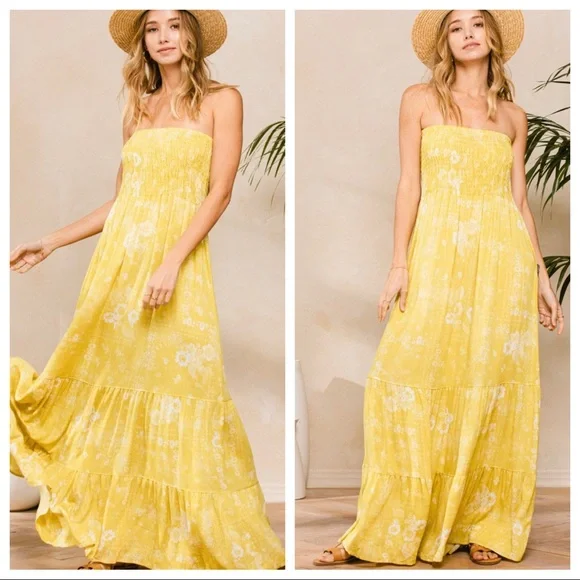 26 Fabiene Gorgeous Strapless Smocked Floral Maxi tiered Dress - Picture 4 of 5